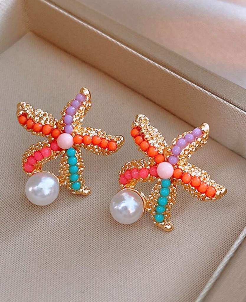 Zarcillos bohemios naranja/ turquesa, estrella de mar con perla